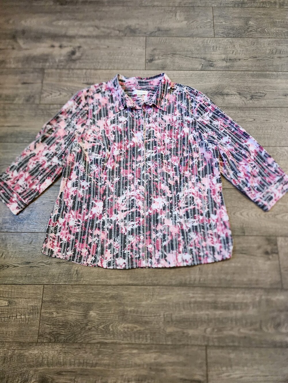 Christopher & Banks Womens Sz XL Rose Floral Striped 3/4 Sleeve Button Down Top